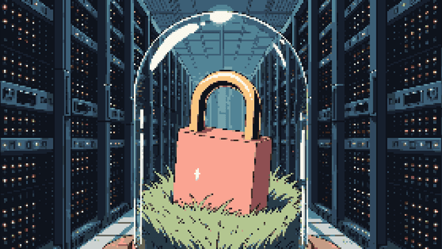 Pixel art of a glass dome with a pink house on grass, on a wooden base.