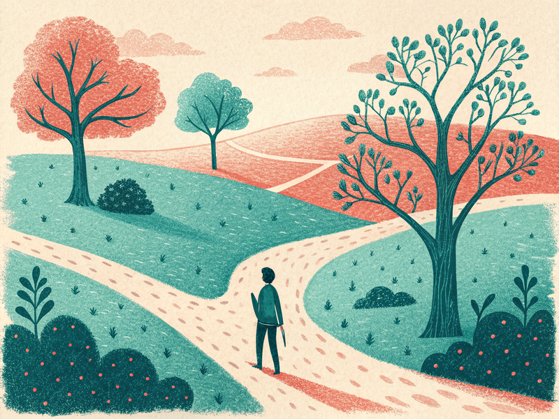 Silhouette on a hill under a sun, with trees and clouds holding heart and key.