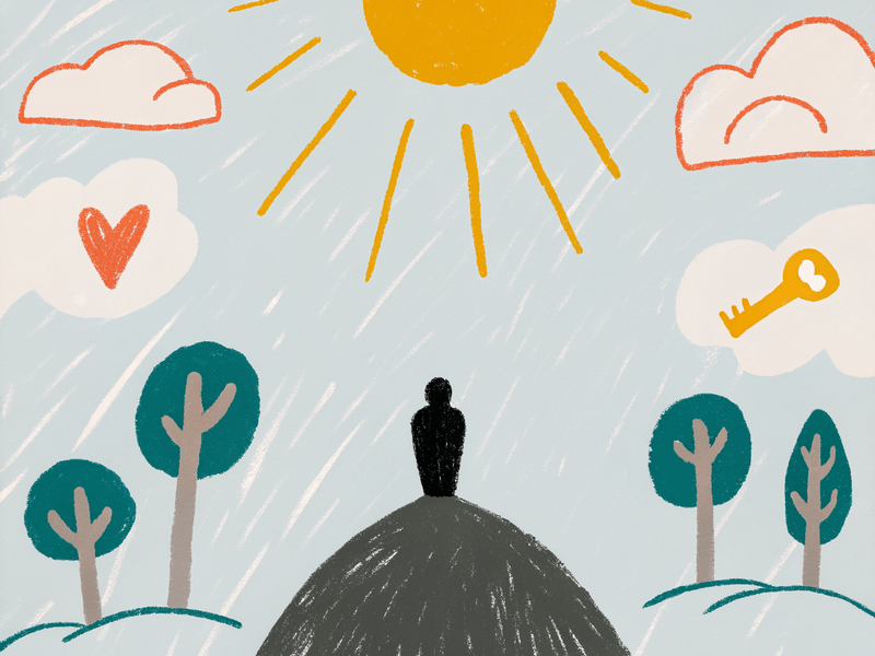 Silhouette on a hill under a sun, with trees and clouds holding heart and key.