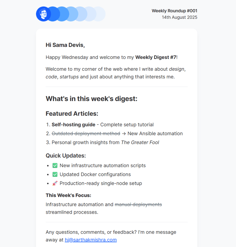 Weekly email newsletter titled "Weekly Roundup #001" featuring tech articles and project updates.