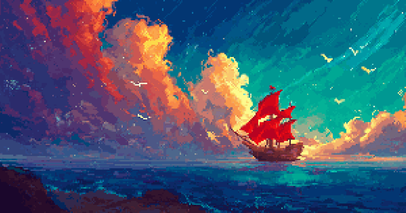 Pixel art of a ship with red sails floating on a sea under clouds.