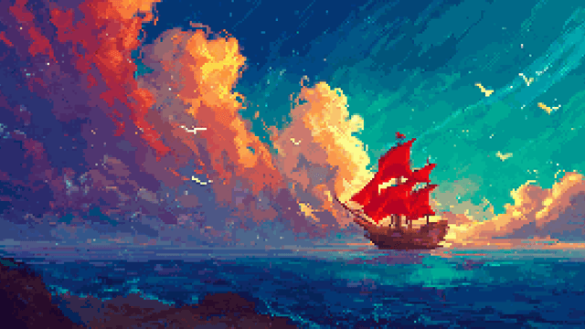 Pixel art of a ship with red sails floating on a sea under clouds.