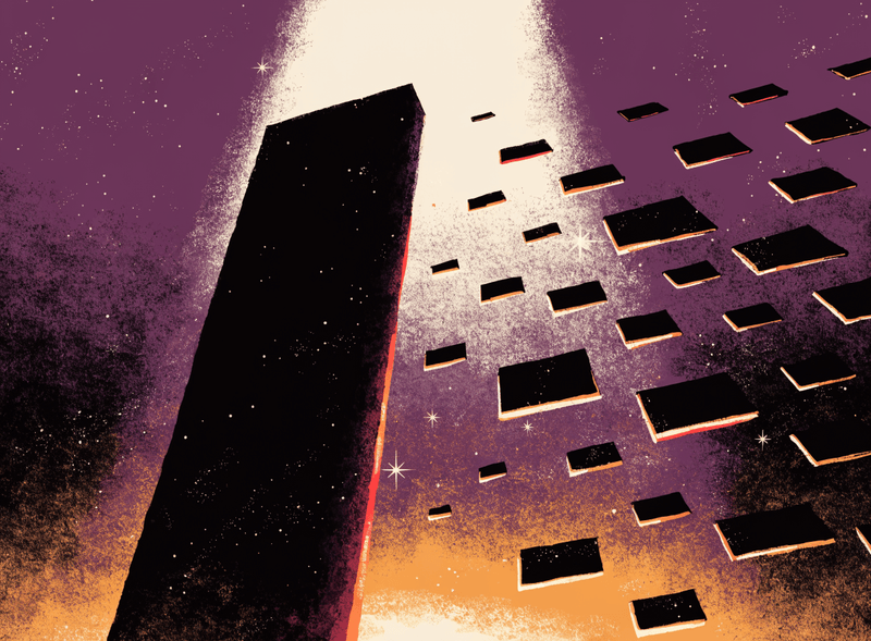 A large black monolith and floating blocks against a starry purple and orange background.