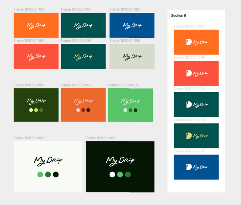 Grid of colorful logo design variations for "My Drip" in cursive font.