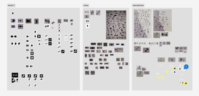A digital canvas displaying logo design sketches and icon variations across three distinct categories.
