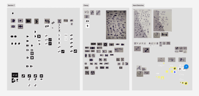 A digital canvas displaying logo design sketches and icon variations across three distinct categories.