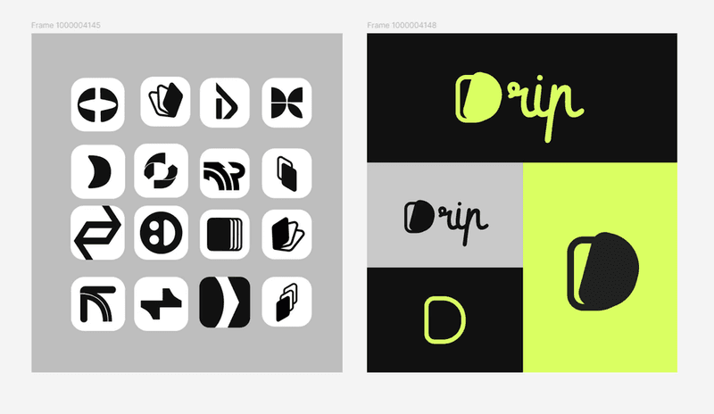 Grid of sixteen black-and-white icons alongside variations of a lime green "Drip" logo.