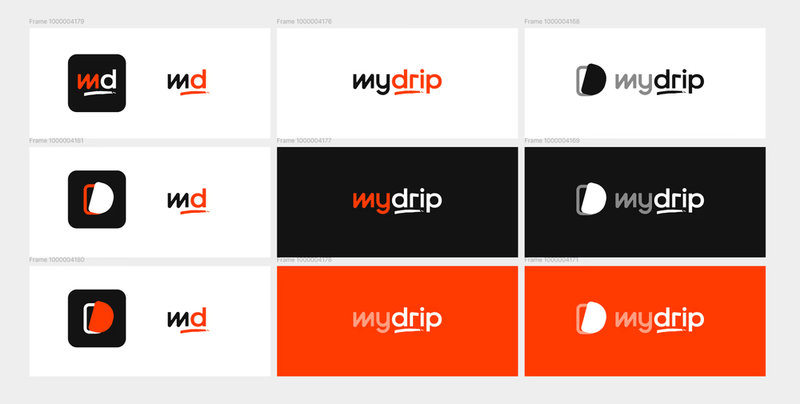 A grid displaying several logo variations for "my drip" in orange, black, and white.