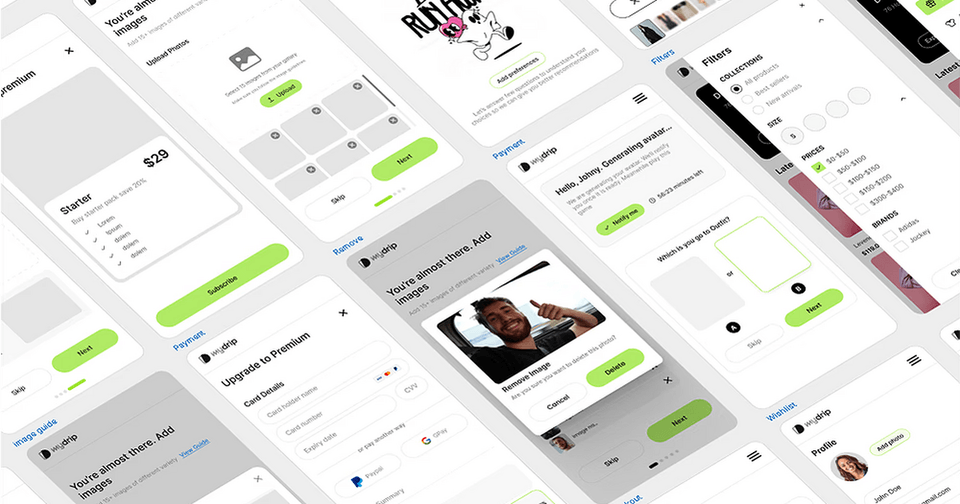 Collage of mobile app screens showing payment, filters, and profile interfaces with green buttons.