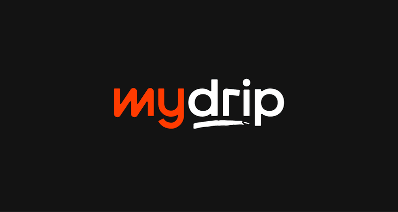 The logo "mydrip" in orange and white lowercase text on a solid black background.
