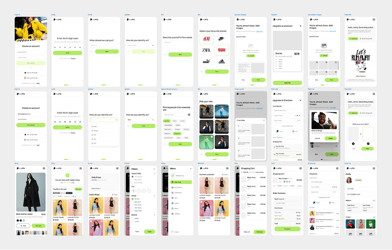Grid of multiple mobile app UI screens showing onboarding, profile setup, and shopping features.