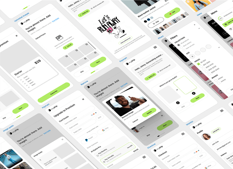 Isometric view of multiple mobile app UI screens for a fashion and styling platform.