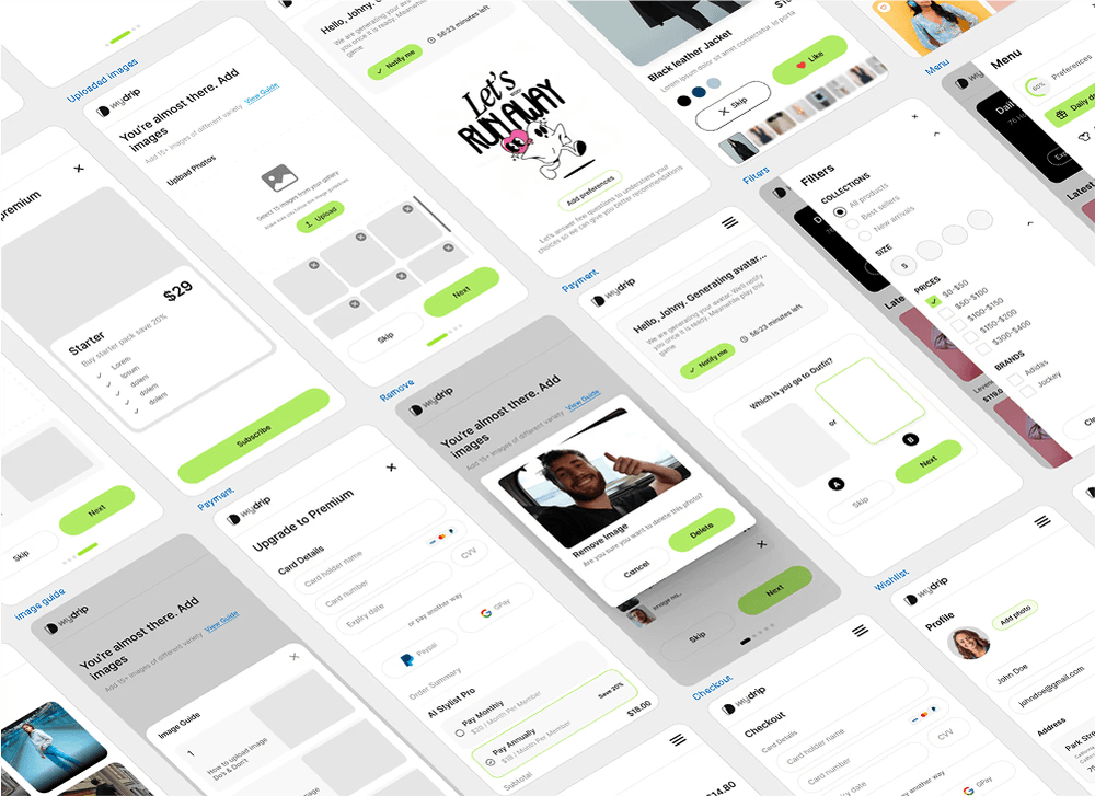Isometric view of multiple mobile app UI screens for a fashion and styling platform.