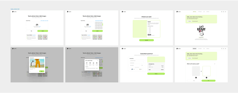 Eight website user interface mockups showing image upload, plan selection, and payment screens.