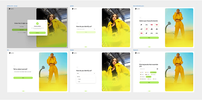 Six user interface screens for a fashion app featuring models in yellow outfits.