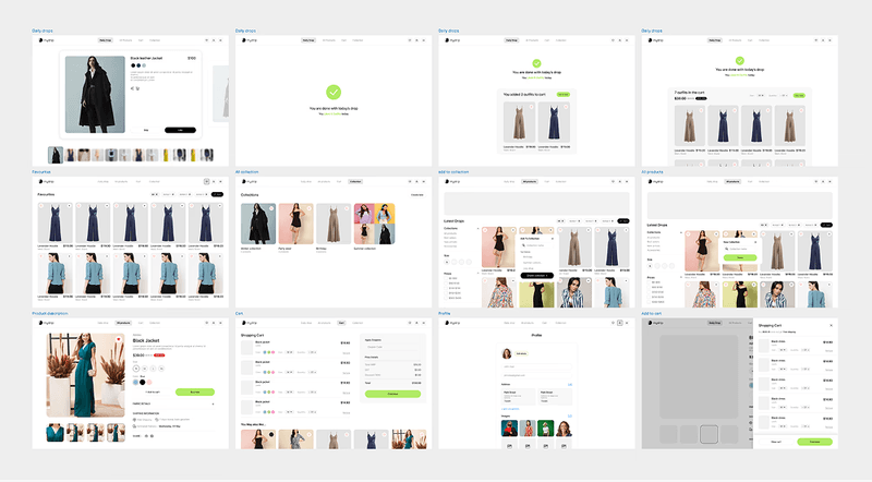 A grid showing twelve different user interface screens for a fashion e-commerce mobile application.