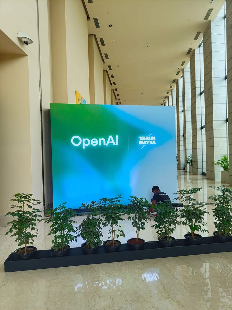 Large OpenAI and Varun Mayya backdrop in a high-ceilinged lobby, fronted by potted plants.