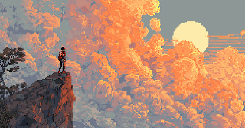 Pixel art of a person standing on a cliff overlooking golden clouds at sunset.