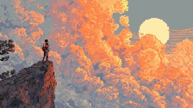 Pixel art of a person standing on a cliff overlooking golden clouds at sunset.