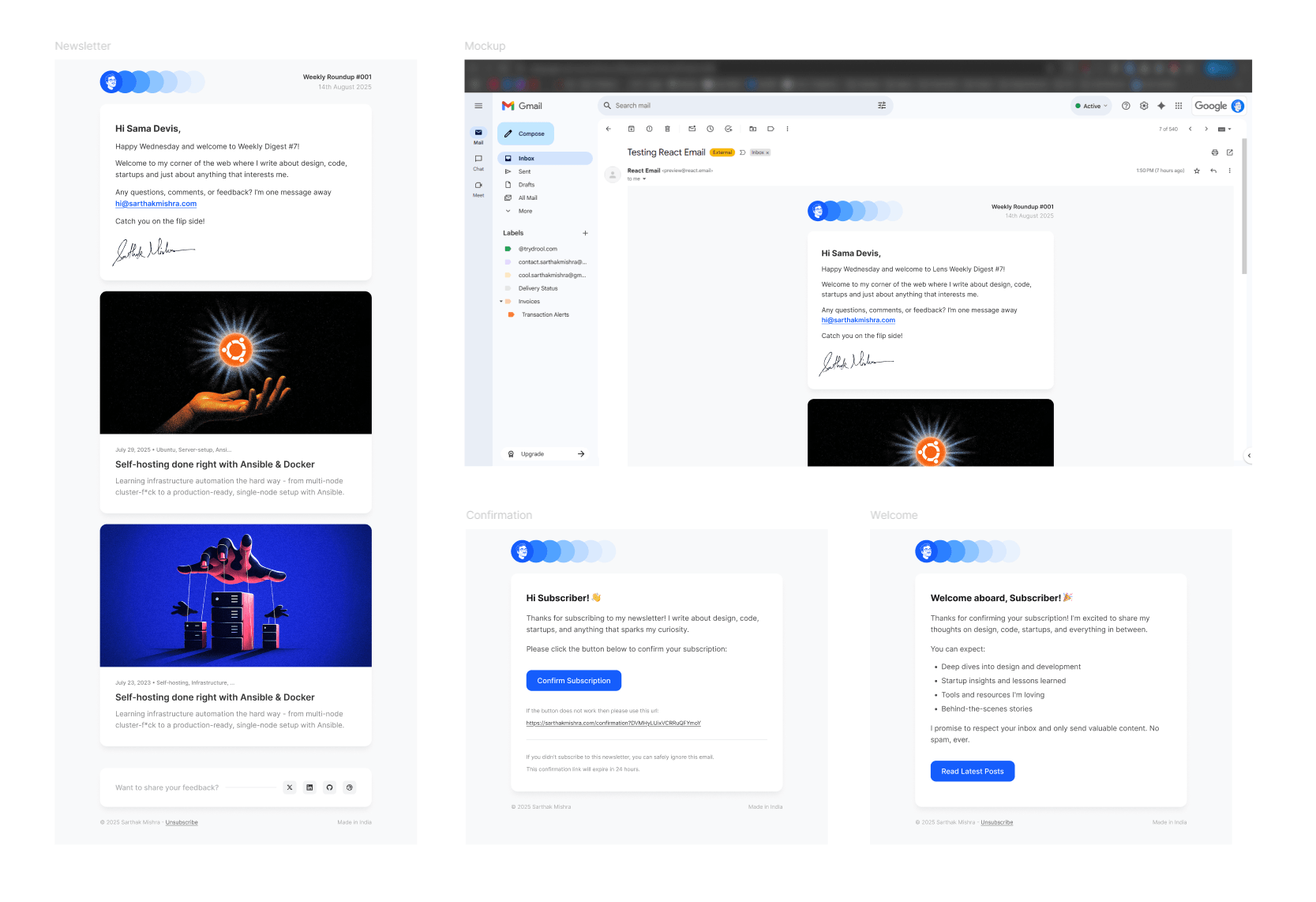 Newsletter design in Figma showing the complete layout with header, content sections, and footer