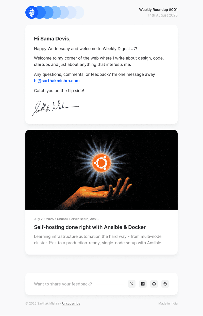 Complete newsletter template showing the final rendered email with header, markdown content, blog post cards, and footer