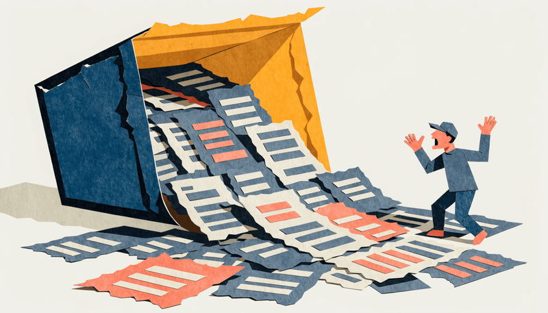 Paper-cut art showing a man fleeing a giant folder spilling a landslide of documents.