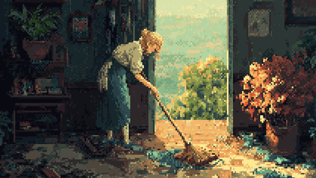 Pixel art of a woman sweeping a sunlit room filled with plants and flowers.