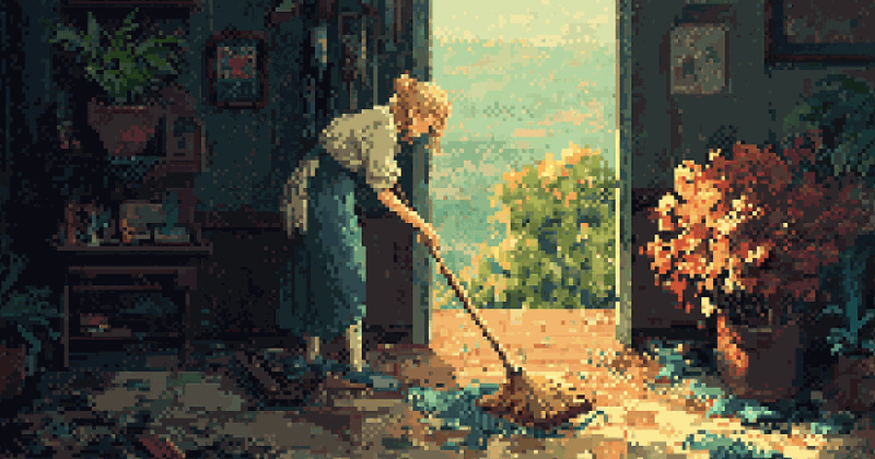 Pixel art of a woman sweeping a sunlit room filled with plants and flowers.
