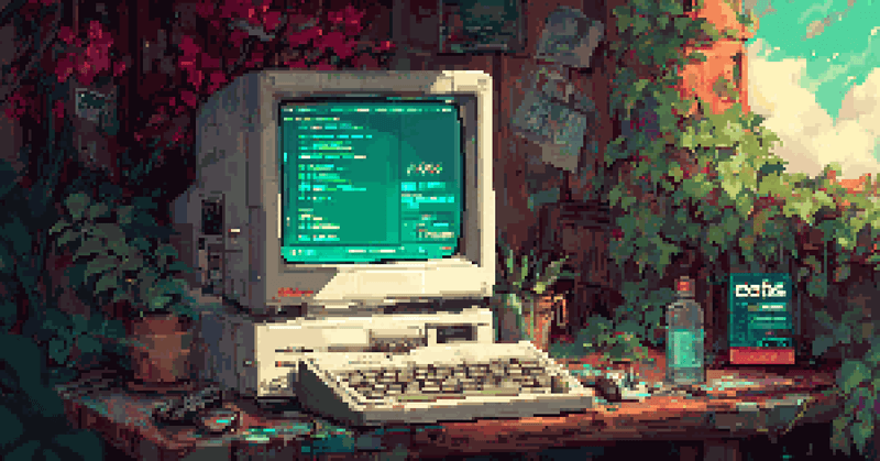 Pixel art of a vintage computer with a glowing green screen surrounded by lush plants.