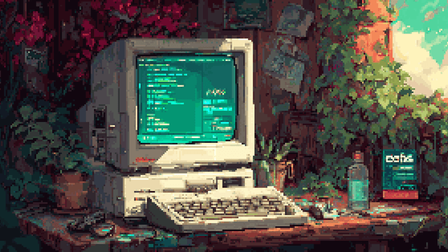 Pixel art of a vintage computer with a glowing green screen surrounded by lush plants.