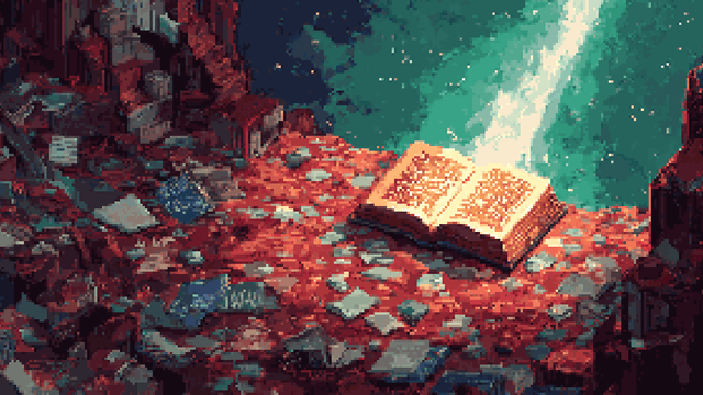 Pixel art of a glowing open book on a rocky ledge overlooking a galaxy.