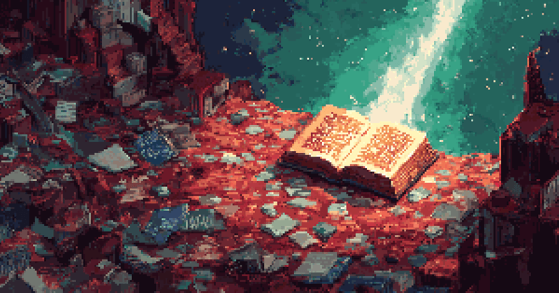 Pixel art of a glowing open book on a rocky ledge overlooking a galaxy.