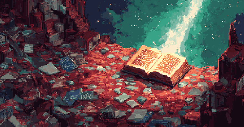 Pixel art of a glowing open book on a rocky ledge overlooking a galaxy.