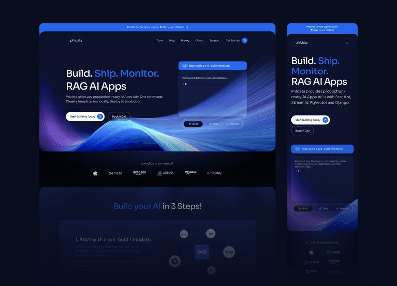 Phidata landing page showing AI assistant platform interface