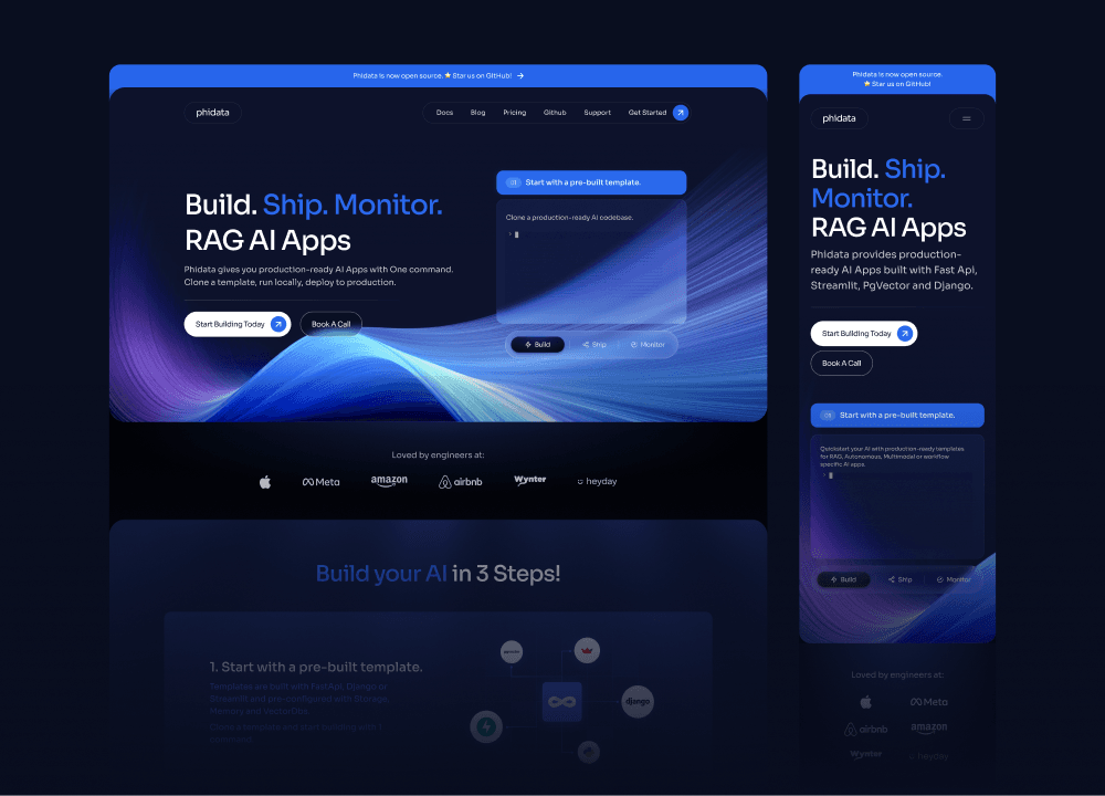 Desktop and mobile mockups for an AI application platform with dark blue aesthetic and wavy gradients.