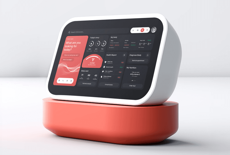A white smart health device on a red base displaying a clinical data dashboard.