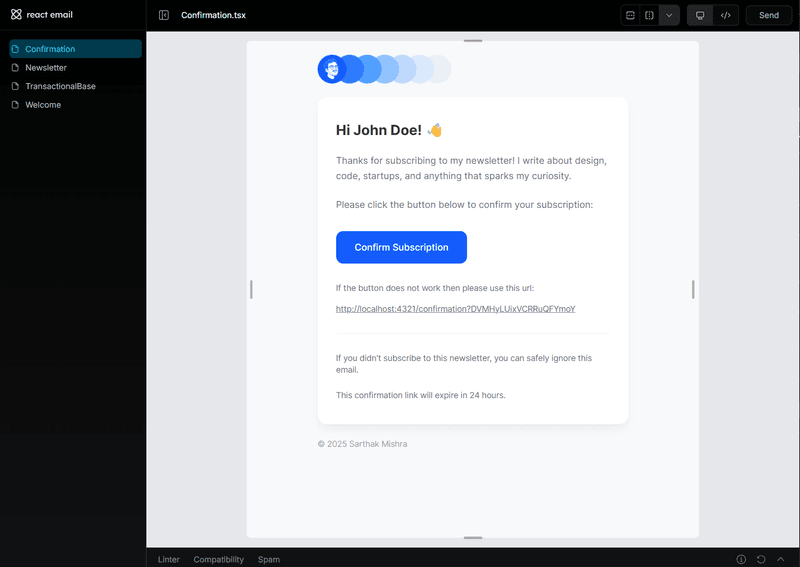 A newsletter subscription confirmation email template featuring a blue "Confirm Subscription" button.