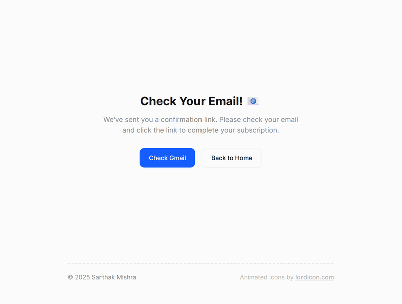 Subscription confirmation page with "Check Your Email" message and a "Check Gmail" button.