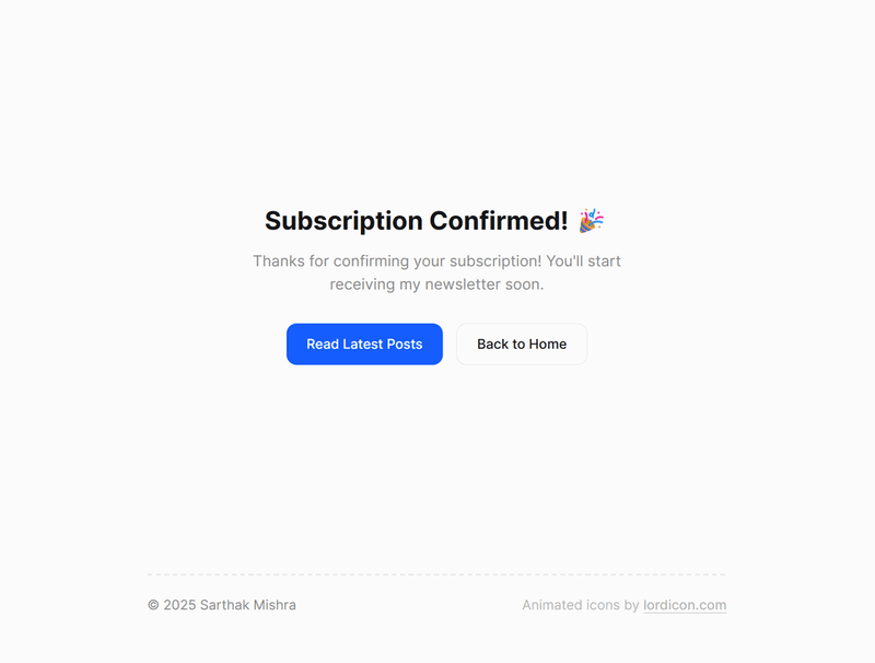 Subscription confirmation page with a celebration icon and two navigational buttons.