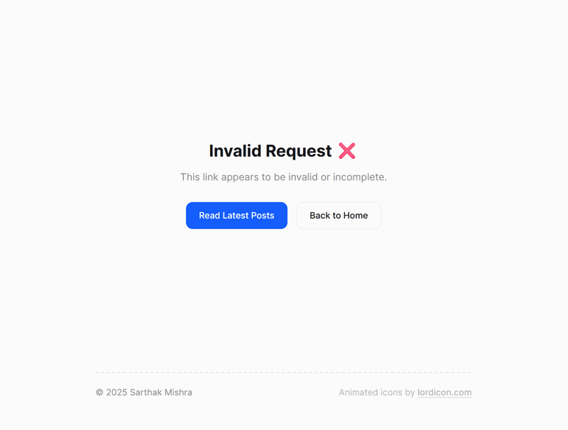 An error page reading "Invalid Request" with a red X and two navigation buttons.