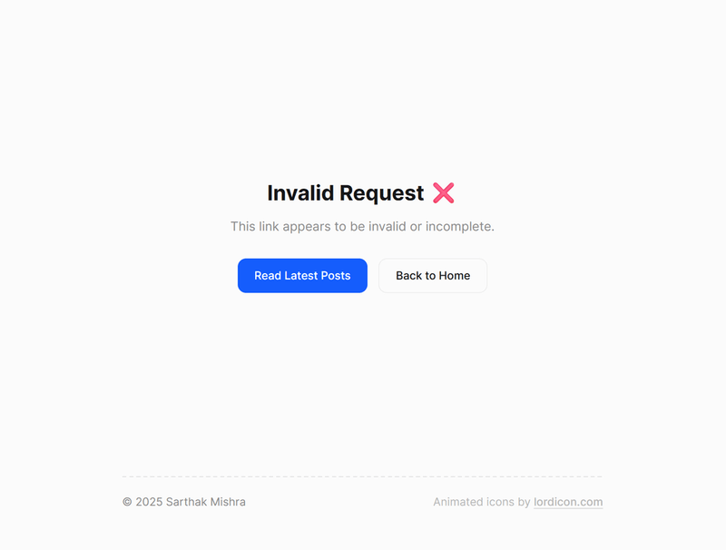An error page reading "Invalid Request" with a red X and two navigation buttons.
