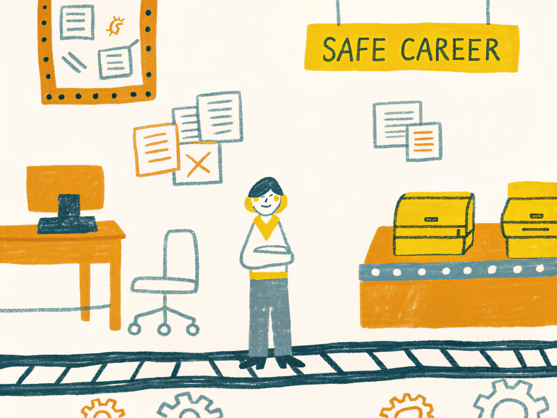 Person standing on tracks between office desk and conveyor belt under a "Safe Career" sign.