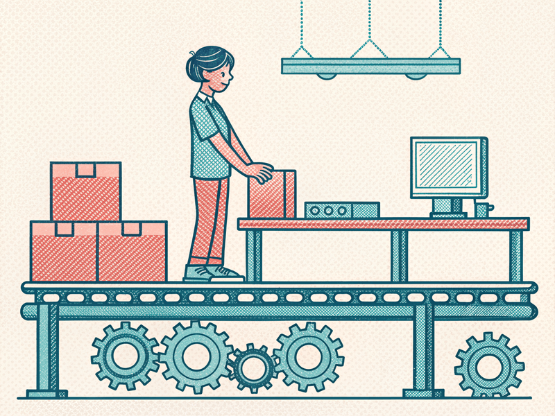 Person standing on tracks between office desk and conveyor belt under a "Safe Career" sign.