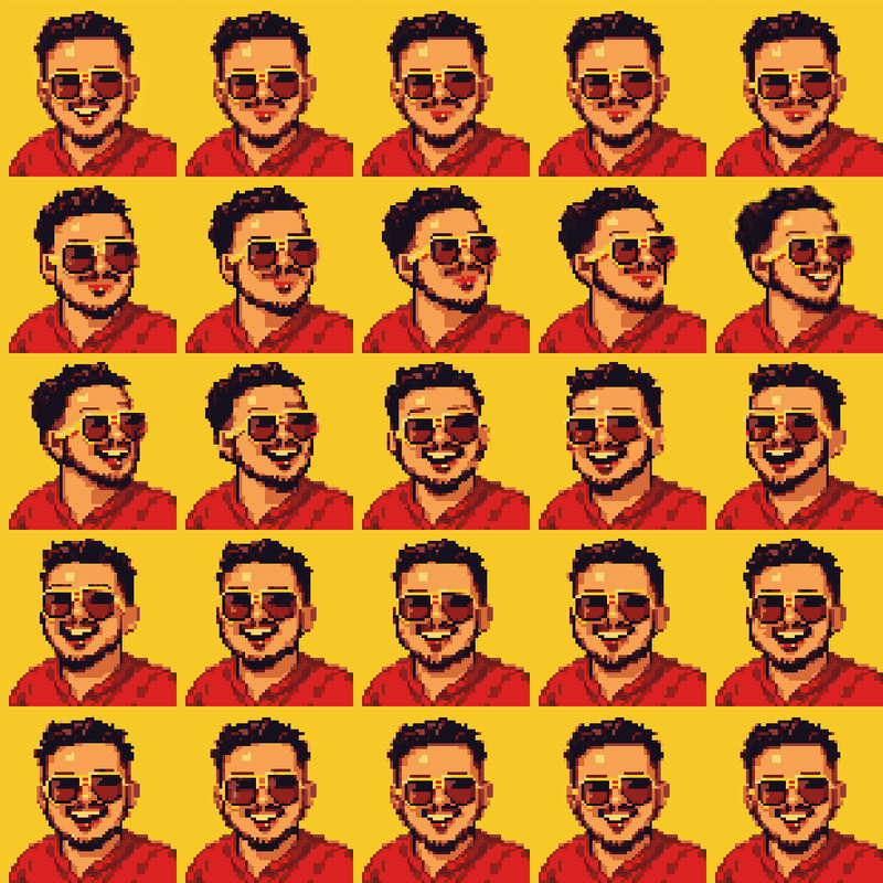 Grid of pixel art portraits of a man with sunglasses and red shirt.