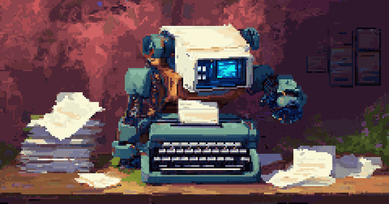 Pixel art of a blue robot with a monitor head typing on a typewriter.