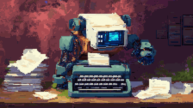 Pixel art of a blue robot with a monitor head typing on a typewriter.