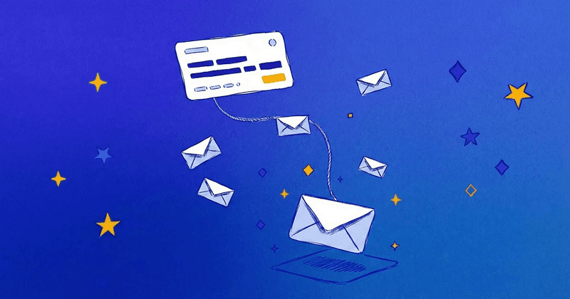 Illustration of envelopes flowing from a contact card, representing outbound email outreach.