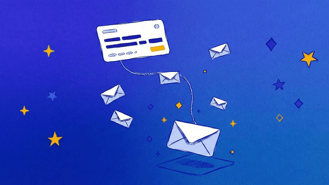 Illustration of envelopes flowing from a contact card, representing outbound email outreach.