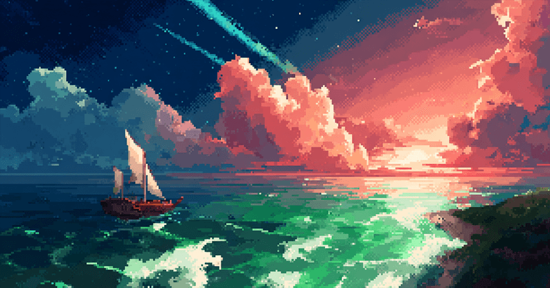 Pixel art of a sailboat on a turquoise sea under a vibrant sunset sky.