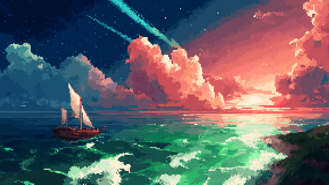 Pixel art of a sailboat on a turquoise sea under a vibrant sunset sky.